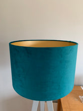 Load image into Gallery viewer, Aqua Velvet with Gold Inner Drum Lampshade
